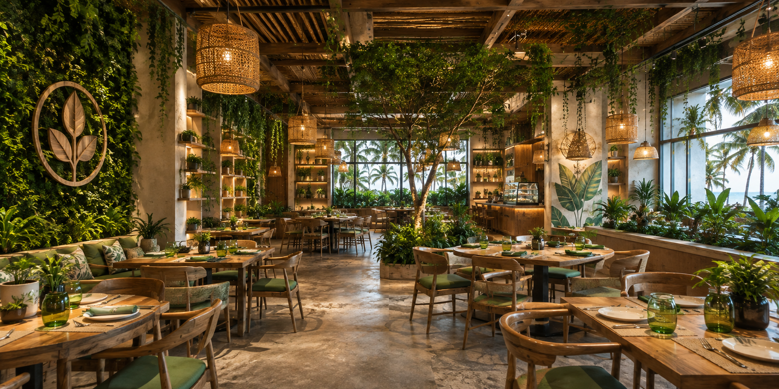 Salón de un restaurante con mesas al aire libre entre plantas tropicales
